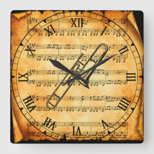 Trombone ~ Vintage Sheet Music Background ~ Unique Square Wall Clock
