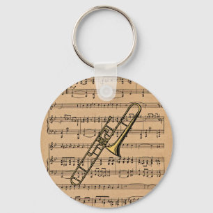 Trombone With Sheet Music Background Keychain