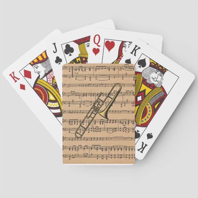 Trombone With Sheet Music Background Playing Cards (Back)
