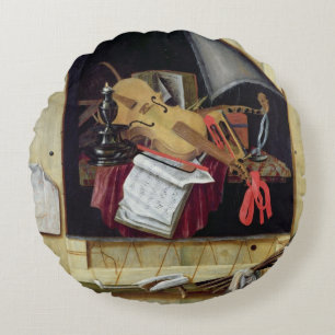 Trompe l'Oeil Still Life, 1665 Round Pillow