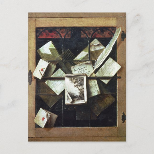 Trompe l'oeil with letters and notebooks, 1665 postcard (Front)