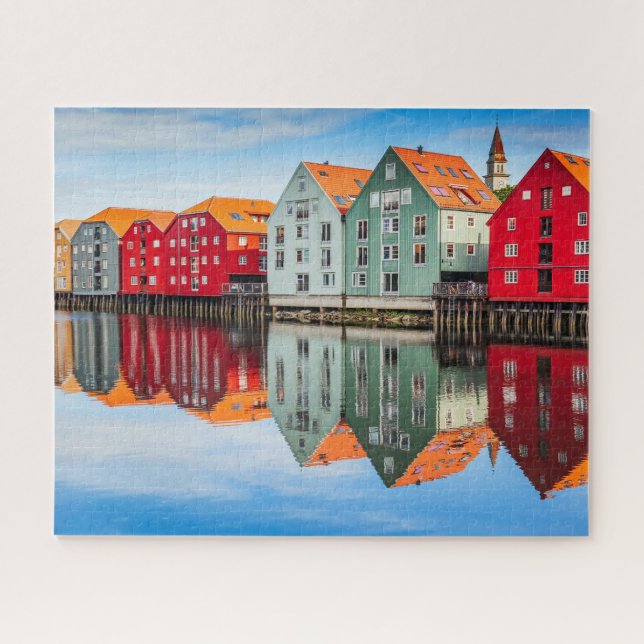 Trondheim Norway Fjord Red and Green Homes  Jigsaw Puzzle (Horizontal)