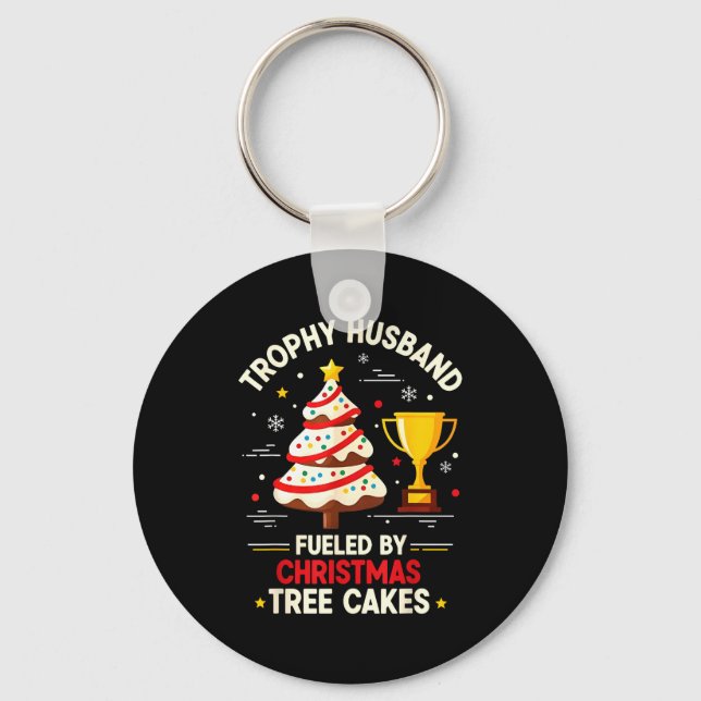 Trophy Retro Husband Fueled By Christmas Tree Cake Keychain (Front)