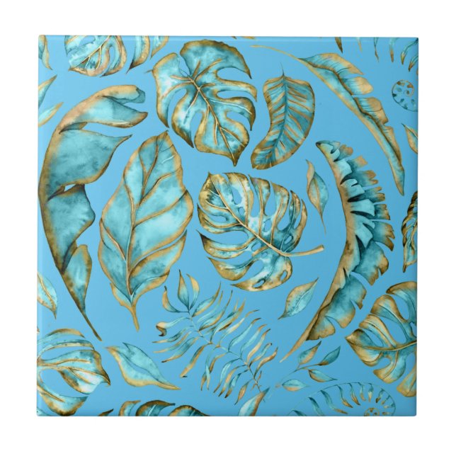 Tropic jungle leaf pattern aqua gold tropical tile (Front)