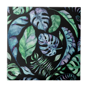 Tropic jungle leaf pattern purple green tropical tile
