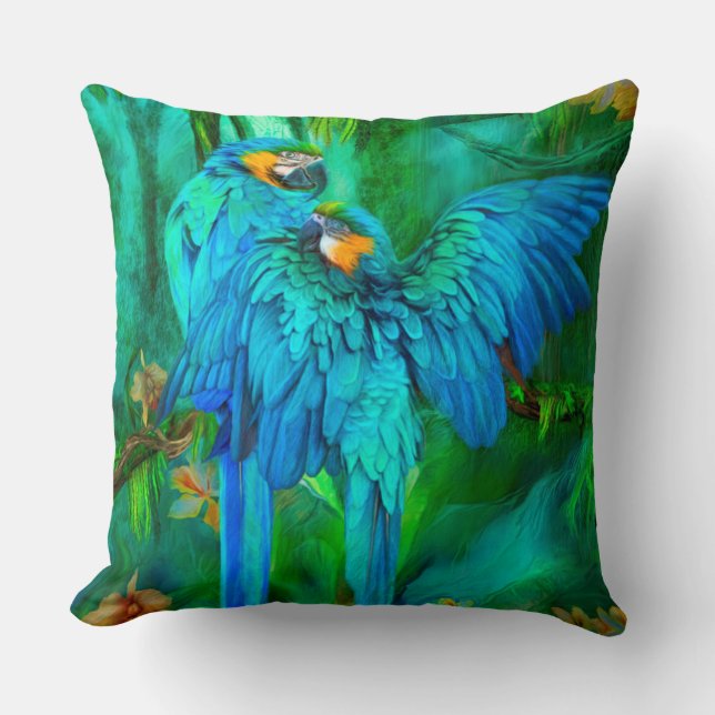 Tropic Spirits - Gold and Blue Macaw Art Pillow (Front)