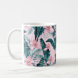 Tropic summer painting seamless pattern with palm coffee mug