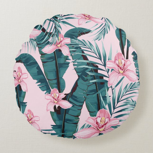 Tropic summer painting seamless pattern with palm  round pillow (Front)