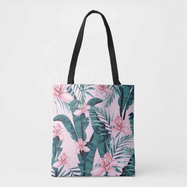 Tropic summer painting seamless pattern with palm  tote bag (Front)
