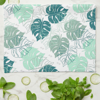 Tropic teal and grey leaf patterned kitchen towel