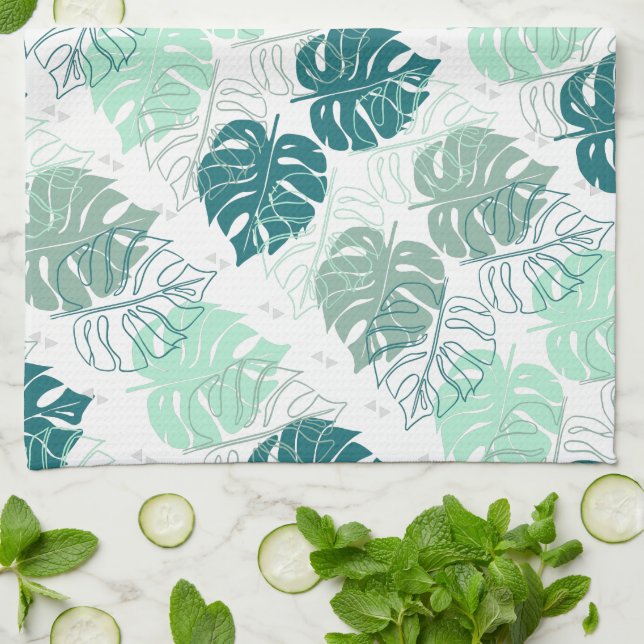 Tropic teal and grey leaf patterned kitchen towel (Folded)