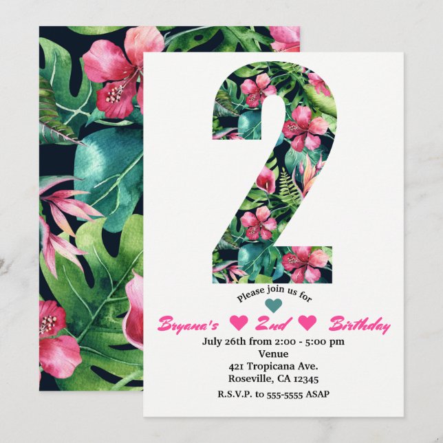 Tropical 2 TWO Second Birthday Party Invitation (Front/Back)