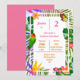Tropical 2nd Birthday Pink Parrot Jungle Invitation