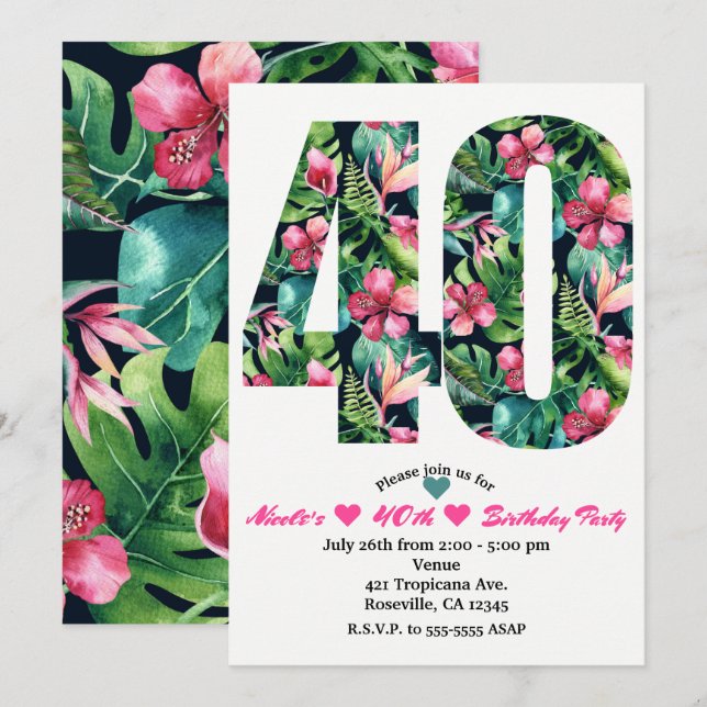 Tropical 40 40th Forty Birthday Party Invitation (Front/Back)
