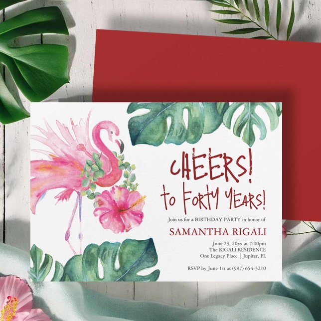 Tropical 40th Birthday Party Invitation Modèle (40th birthday invites hand painted watercolor pink flamingo by Victoria Grigaliunas)