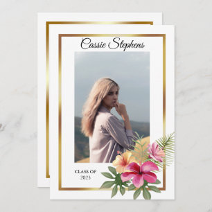 Tropical 4 Photo Collage Gold Frame Graduation  Announcement