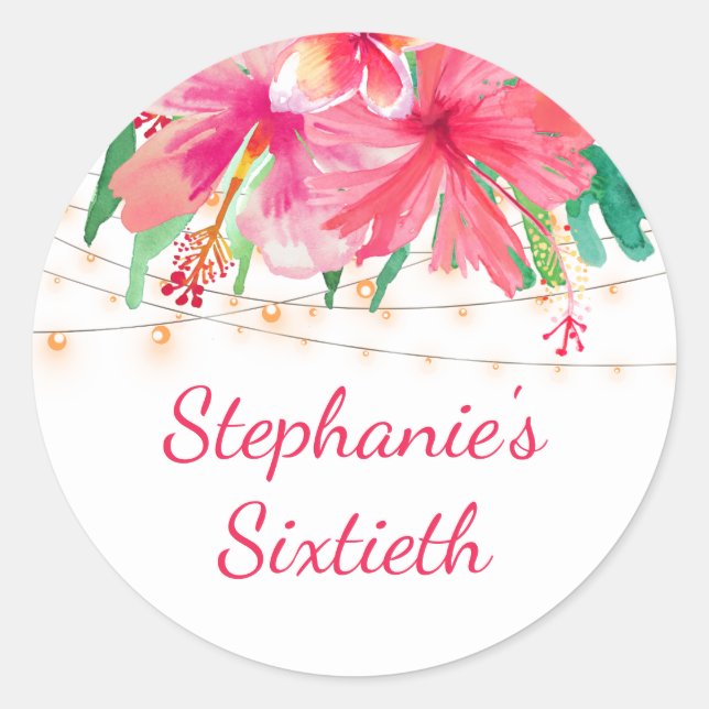 Tropical 60th Birthday Hawaiian String Lights Classic Round Sticker (Front)
