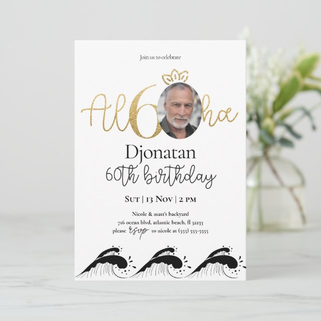Tropical 60th Gold Birthday Invitation avec photo (Debout devant)