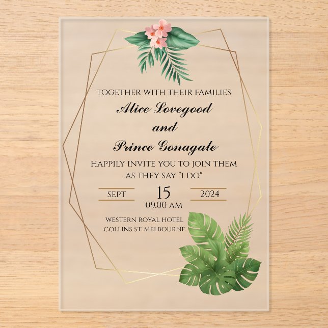 Tropical Acrylic Wedding Invitation Gold Frame (Front)