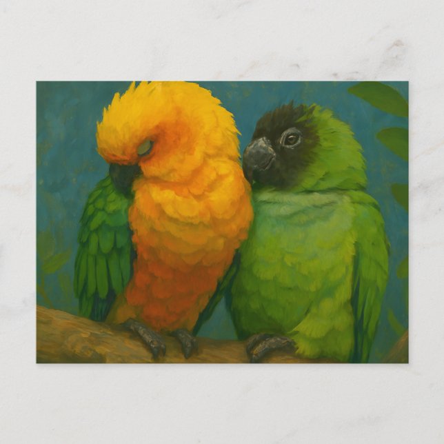 Tropical Affection – Parrots in Forest Light Postcard (Front)