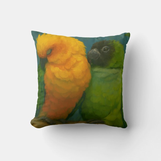 Tropical Affection – Parrots in Forest Light Throw Pillow (Front)