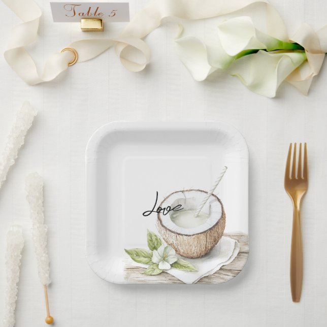 Tropical Aloha Beach Coconut Floral Wedding Paper Plate (Wedding)