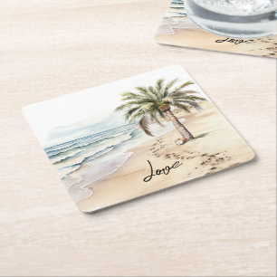 Tropical Aloha Beach Coconuts Palm Tree Square Paper Coaster
