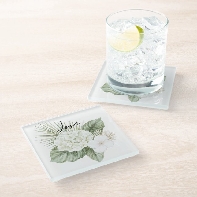 Tropical Aloha Beach Hydrangea Floral Wedding Glass Coaster (Angled)
