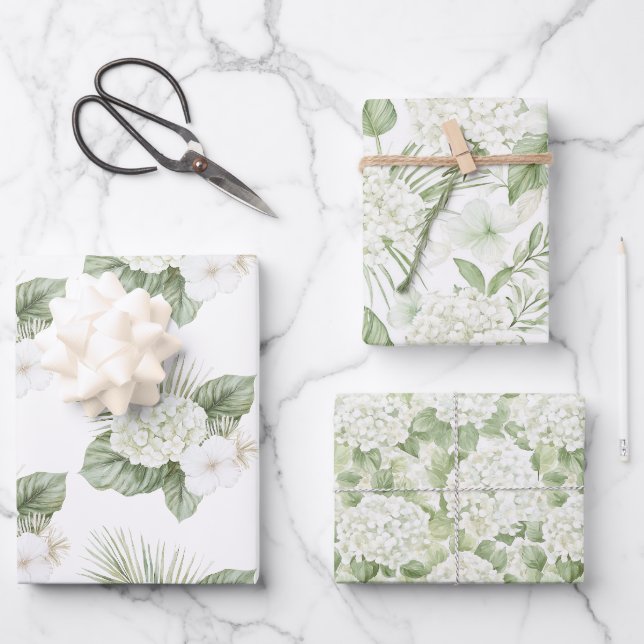Tropical Aloha Beach Hydrangea Floral Wedding Wrapping Paper Sheet (Front)