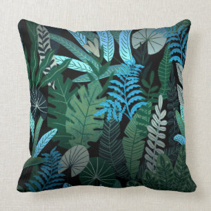 Tropical Aloha Exotic Blue Jungle Pattern at Night Throw Pillow