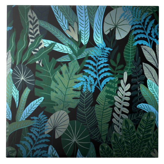 Tropical Aloha Exotic Blue Jungle Pattern at Night Tile (Front)