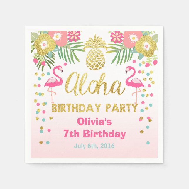 Tropical Aloha Flamingo Birthday Paper Napkin (Front)