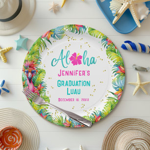 Tropical Aloha Flamingo Graduation Luau Paper Plate