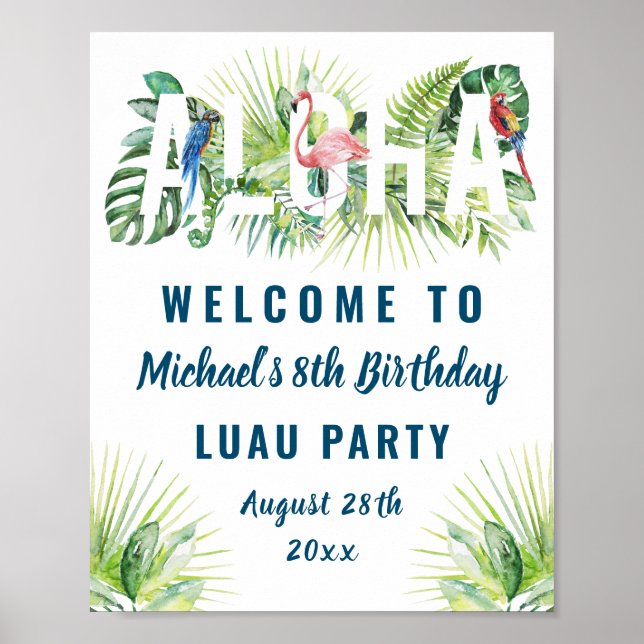Tropical Aloha Flamingo Luau Birthday Welcome Poster (Front)