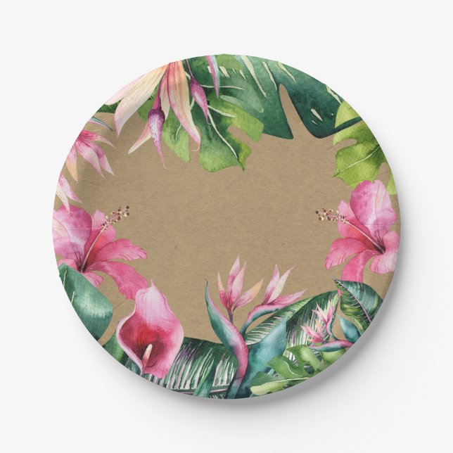 Tropical Aloha Floral Luau Summer Leaves Kraft Paper Plate (Front)