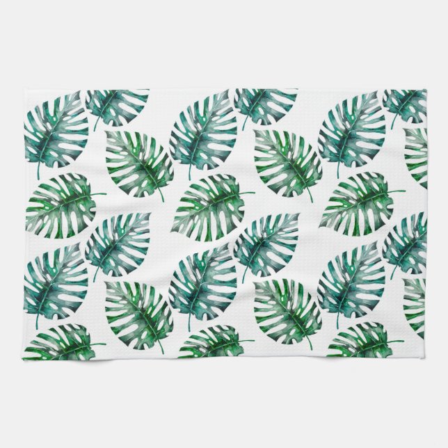 Tropical Aloha Monstera Leaves Pattern Kitchen Towel (Horizontal)