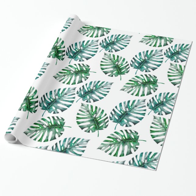 Tropical Aloha Monstera Leaves Pattern Wrapping Paper (Unrolled)