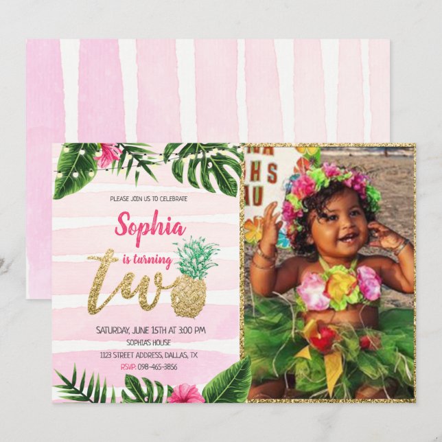 Tropical Aloha Two Birthday Invitation With Photo (Front/Back)