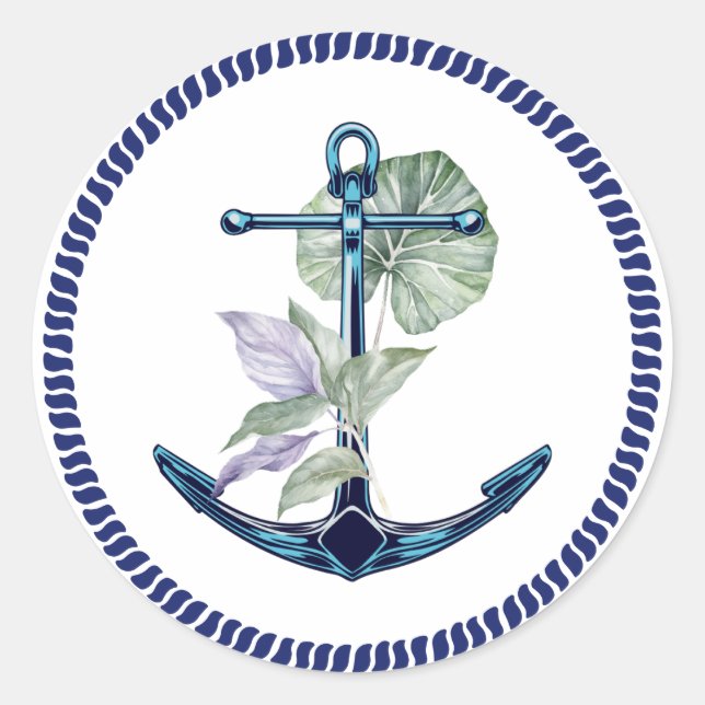 Tropical Anchor with Plants and Flowers Classic Round Sticker (Front)