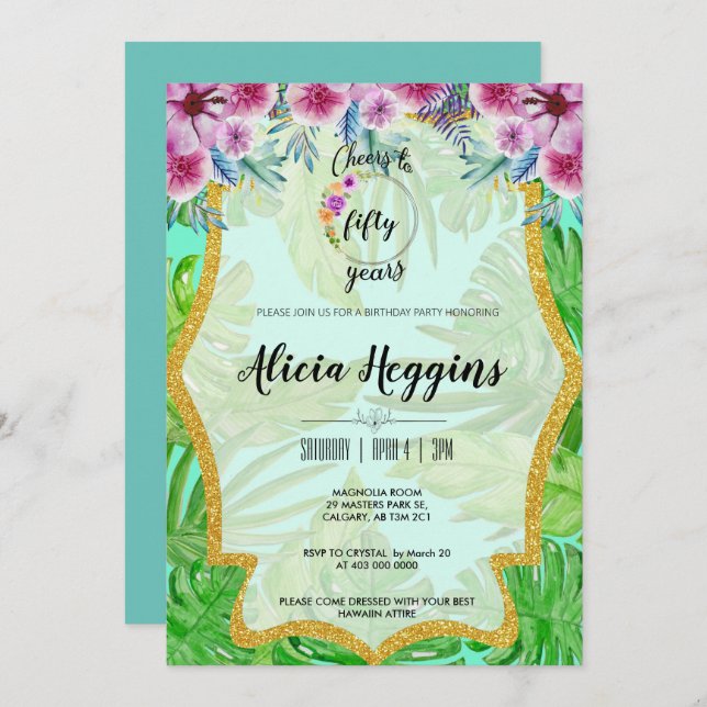 Tropical and Gold Any Age Birthday Invitation (Front/Back)