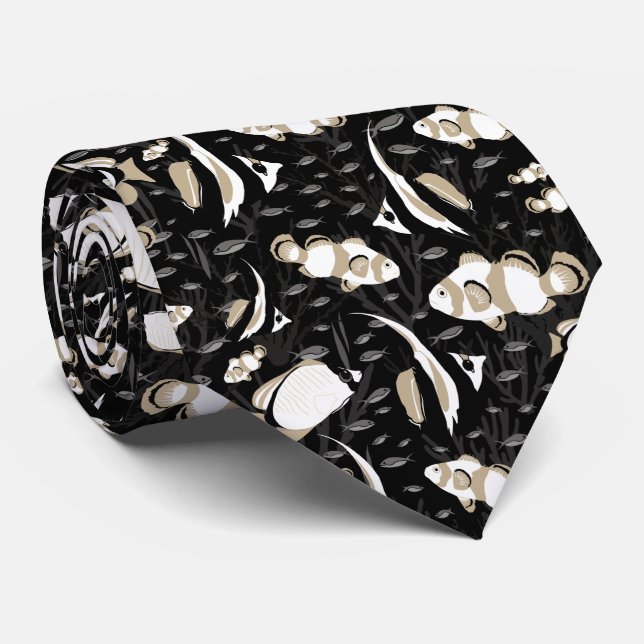 Tropical Angelfish Pattern Black and Grey Tie (Rolled)