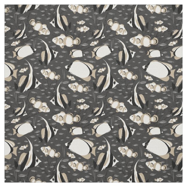 Tropical Angelfish Pattern on Charcoal Grey Fabric (Swatch)
