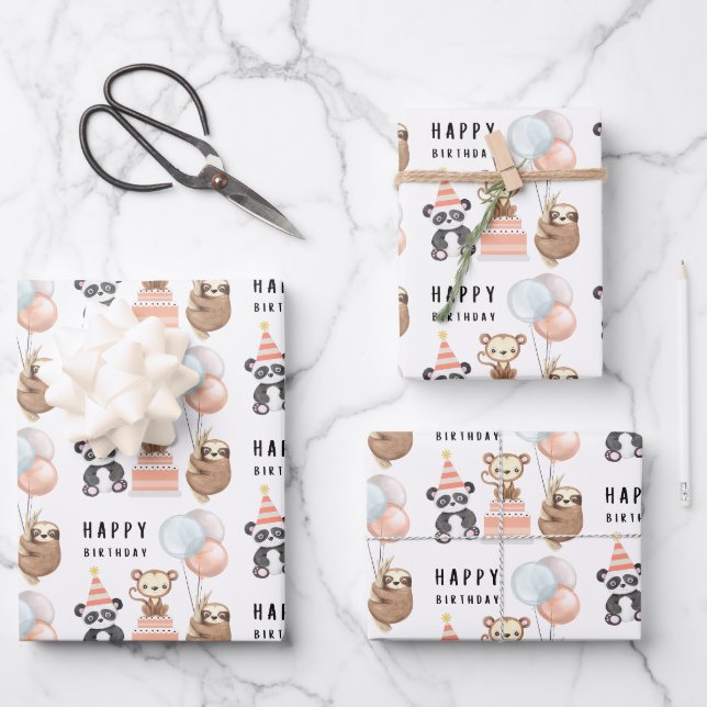 Tropical Animal Birthday Wrapping Paper Sheets (Front)