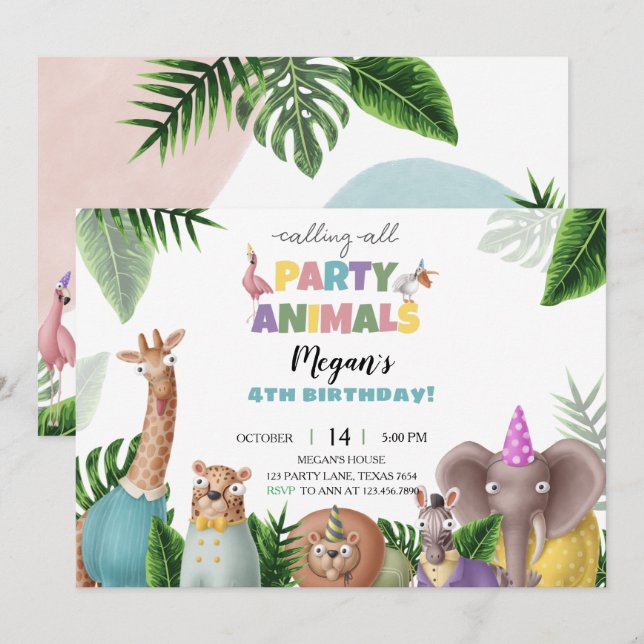 Tropical Animals Birthday Invitation (Front/Back)
