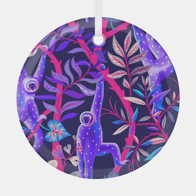 Tropical animals: blue monkeys pattern. glass ornament (Front)