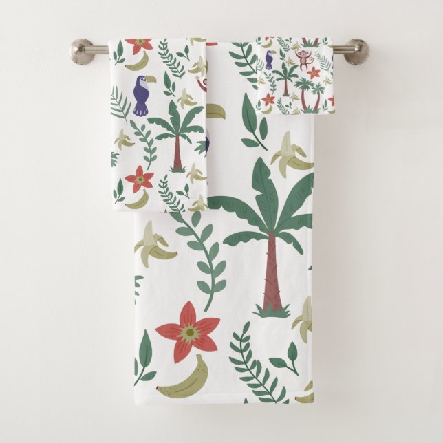 Tropical animals seamless pattern macaw and monkey bath towel set (Insitu)