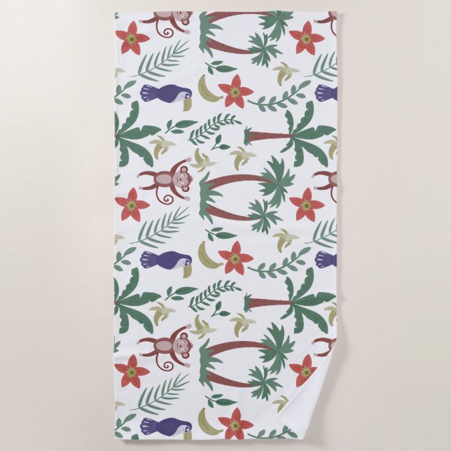 Tropical animals seamless pattern macaw and monkey beach towel (Front)