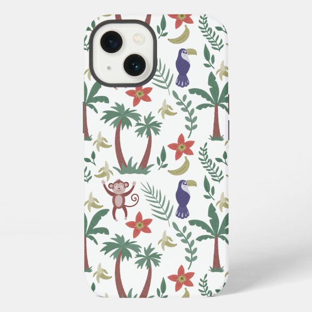 Tropical animals seamless pattern macaw and monkey iPhone case (Back)