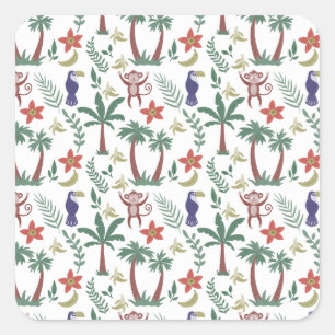 Tropical animals seamless pattern macaw and monkey square sticker