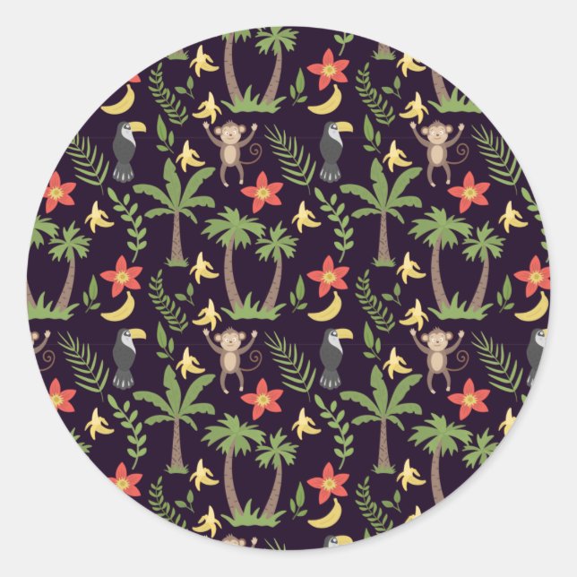 Tropical animals seamless pattern monkey & macaw classic round sticker (Front)